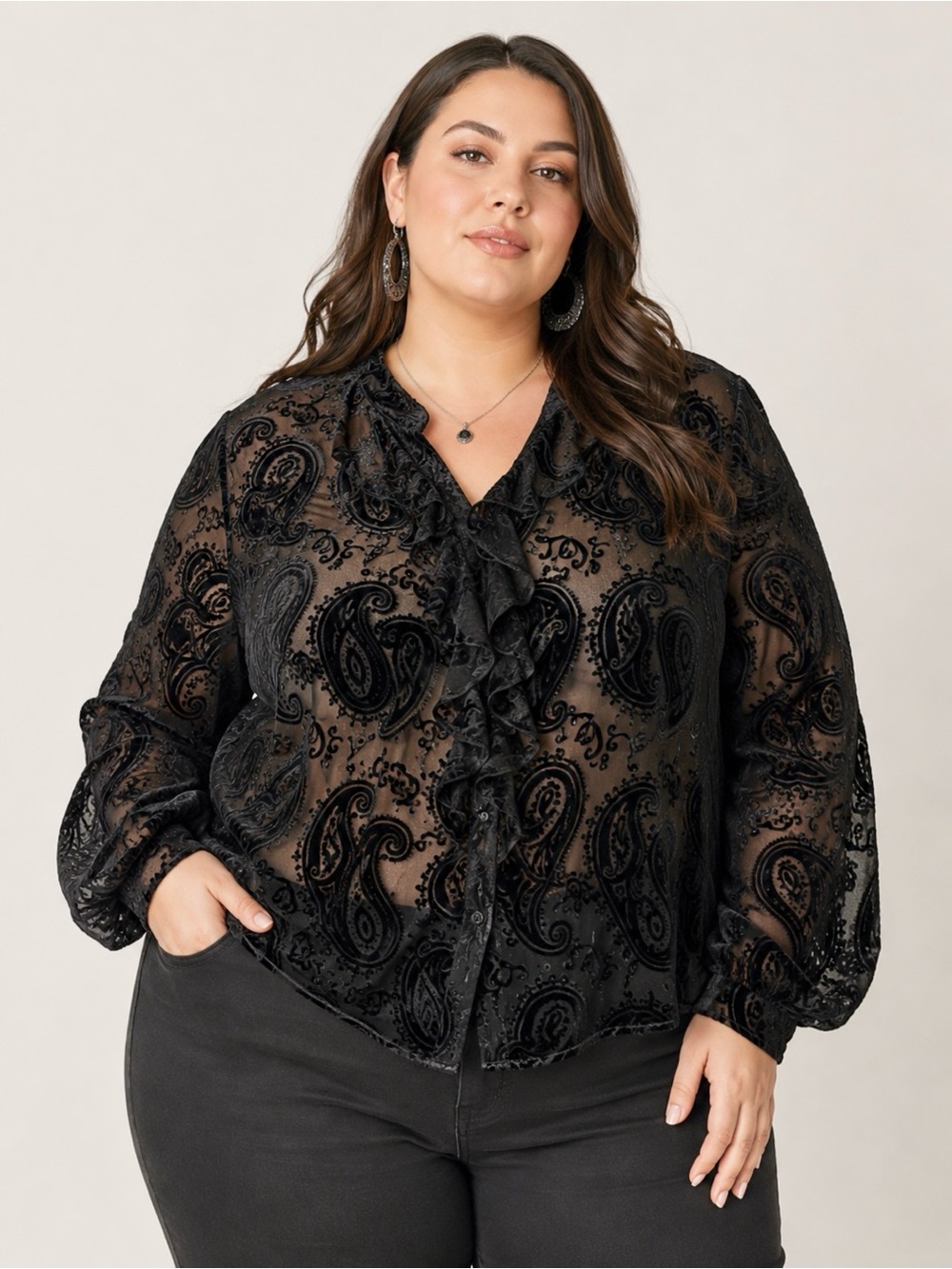 Whimsigoth Black Velvet Burnout Paisley Blouse Cascade Collar Piratecore Witchy